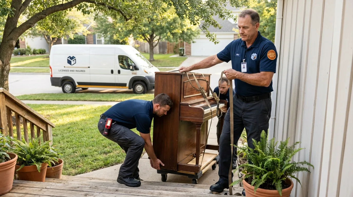 Licensed piano movers securing grand piano in Athol, MA