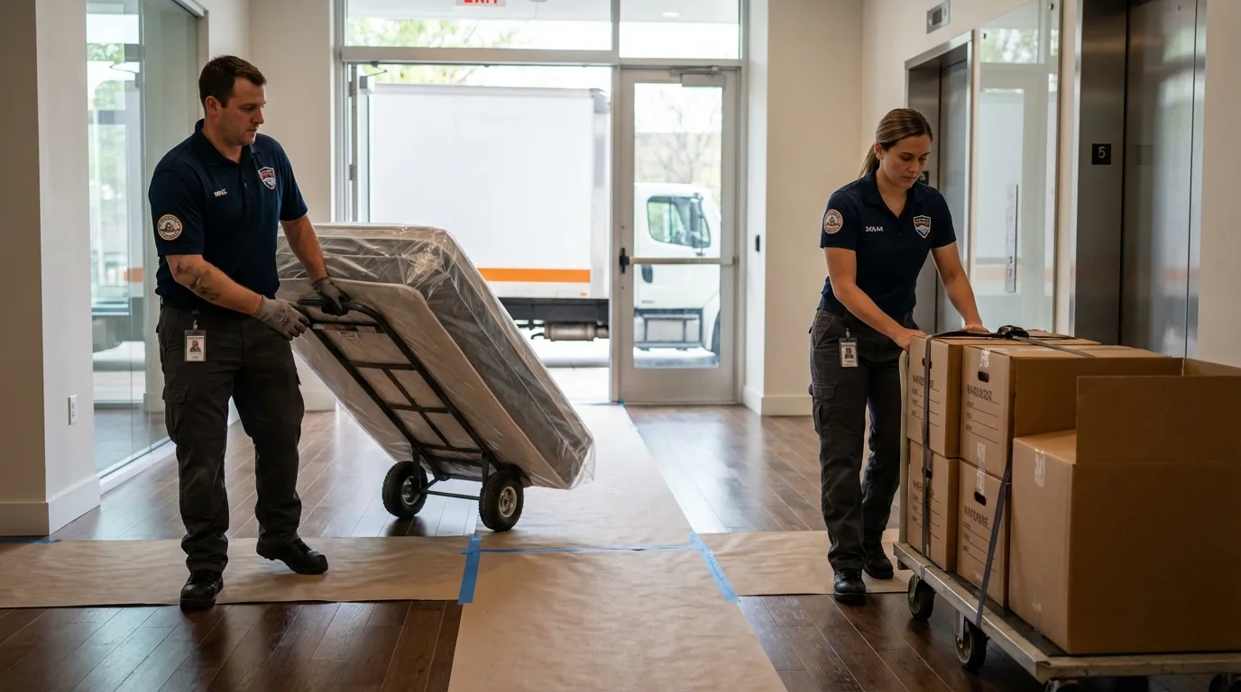 Professional apartment movers loading elevator in Athol, MA